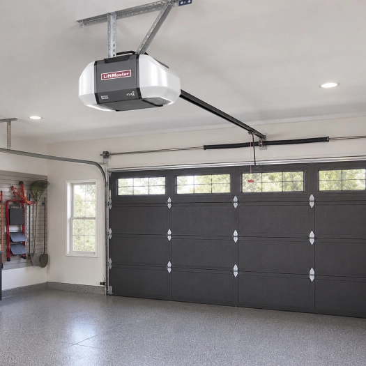 LiftMaster garage door opener installed inside a residential garage